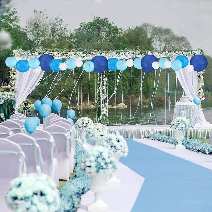 Blue Paper Lanterns 12 Pcs Assorted size of 6" 8" 10" 12" Chinese Round Paper Hanging Decorations Lanterns Lamps for Home Decorations, Parties, and Weddings