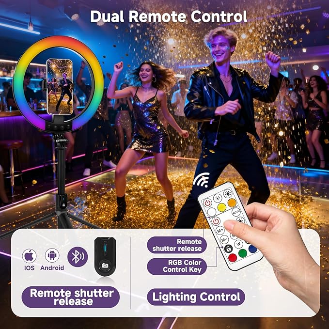 10" Ring Light with Stand 74'' Tall & Phone Holder,RGB Full Color Modes Selfie Light with Extendable Tripod Stand,iPad Holder, Remote for iPhone & Android,YouTube, Makeup,TIKTok, Vlogging