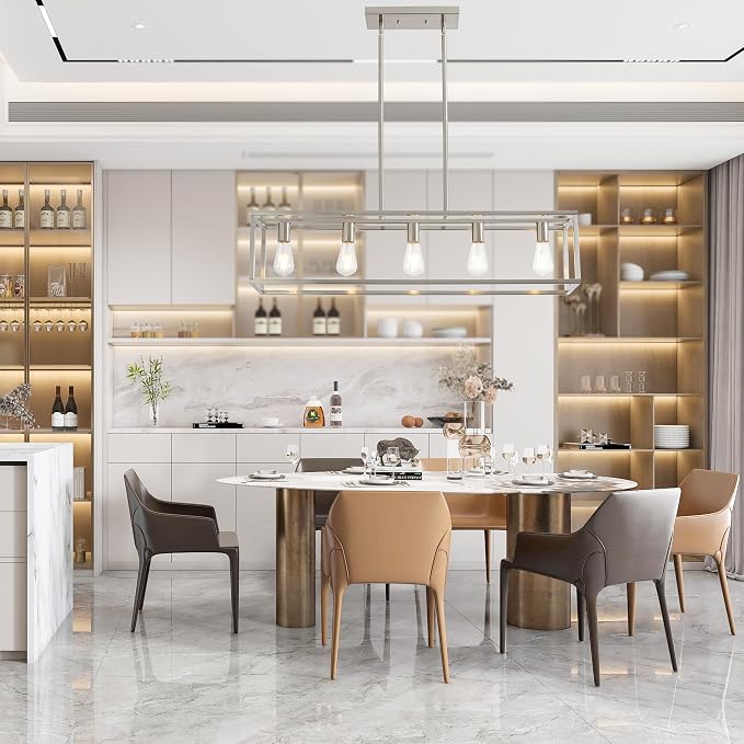 Dining Room Light Fixture, Modern Linear Hanging Light Fixture Matte Brushed Nickel 5-Light Industrial Pendant Lighting for Kitchen Island