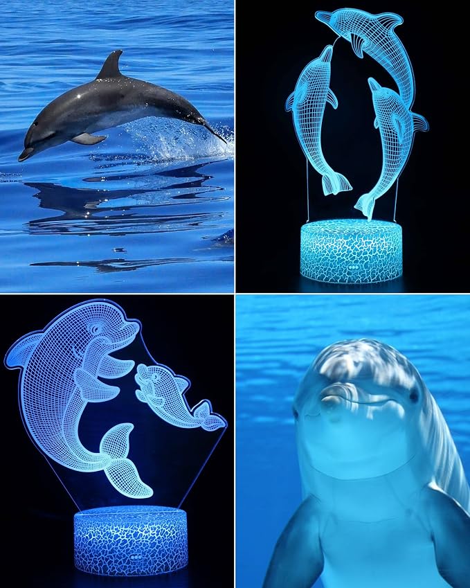 Dolphin 3D Illusion Night Light, Sea Animal Gift, 2 Patterns | 16 Colors Changing, Dimmable, Touch & Remote Control, Birthday Christmas Gift Lamp Toy for Boy Girl Toddler Kid Women