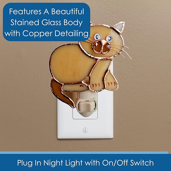 Gift Essentials Tan Cat Plug in Night Light - Stained Glass Nightlight with On/Off Rocker Switch - Includes One 4 Watt Replaceable Incandescent Warm Glow Bulb