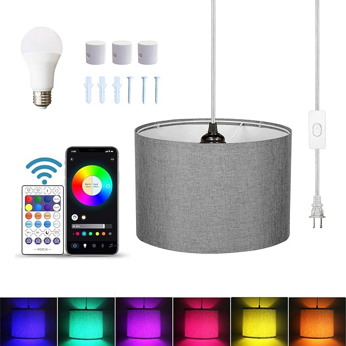 15FT Plug in Pendant Light, Hanging Lamp with Switch,Gray Hanging Lights with Plug in Cord, Pendant Lamp with Remote Control，Pendant Light Fixture for Living Room Bedroom Farmhouse