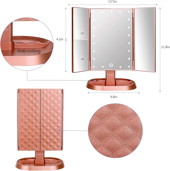 Trifold Lighted Vanity Makeup Mirror with 21 LEDs Lights,1x/2x/3x Magnification and Touch Screen Dimming,Two Power Supplies Makeup Mirror, Gift for Women