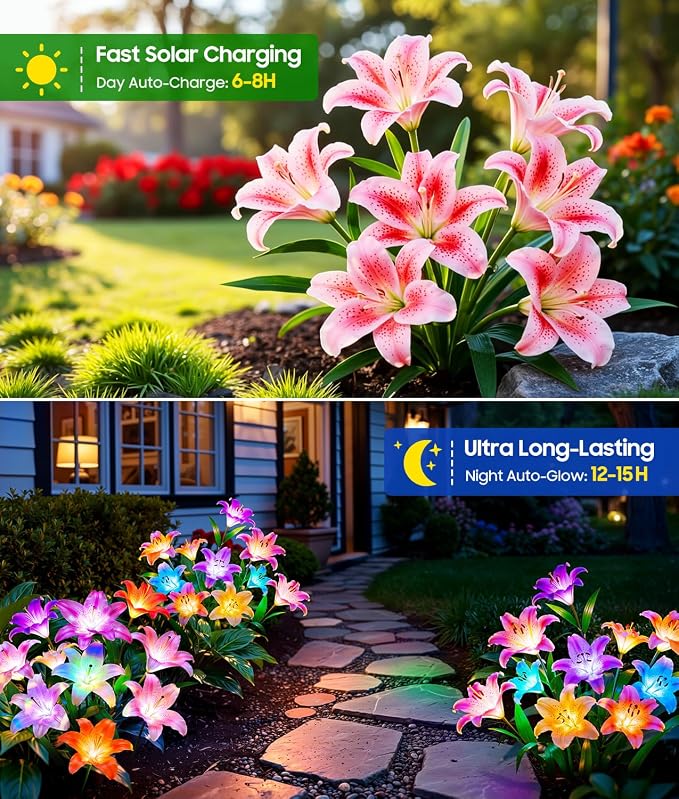 LETMY Solar Garden Lights, 6 Pack Solar Flower Lights with 6 Head Bigger Lily Lights, IP65 Waterproof Solar Lights Outdoor, Decorative Lights for Garden, Patio, Yard, Flower Bed