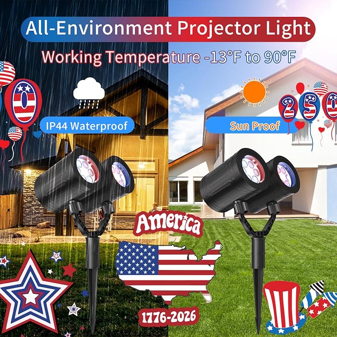 Independence Day Projector Lights Outdoor 4th of July Decorations Lights Projector with American Flag Patterns Waterproof Patriotic Projection Light for 250th Anniversary for Garden Party Decor