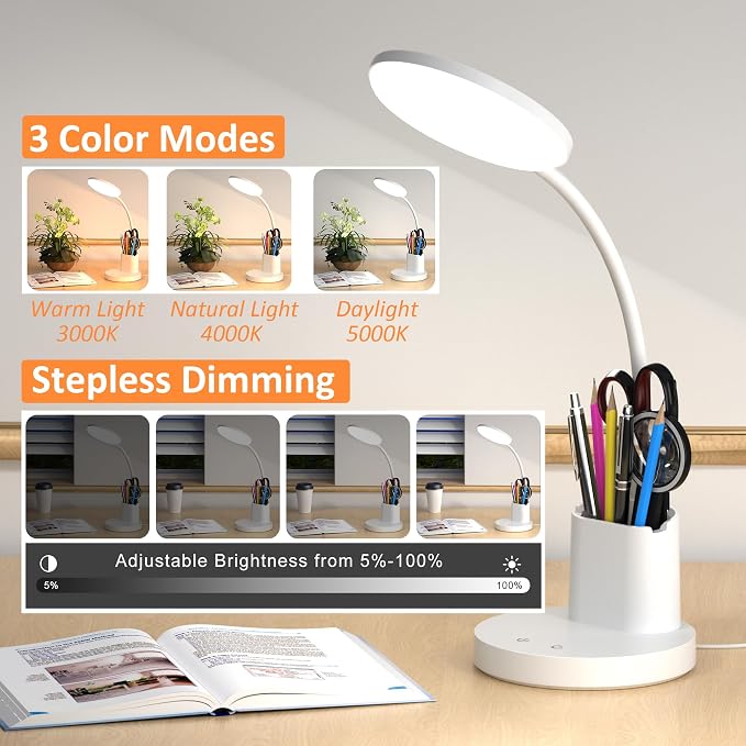 LED Desk Lamp for College Dorm with Pen Phone Holder, White | 3 Color Modes Dimmable Desk Light, College Dorm Essentials, 360° Adjustable Arm, Eye-caring Bedside Reading Lamp, 800 Lumen