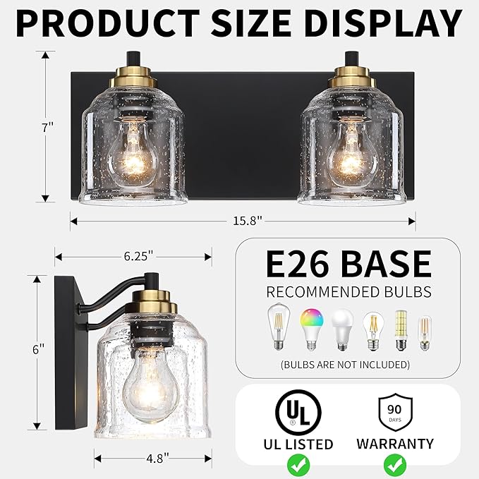 Vanity Lights for Bathroom Large 15.8", Farmhouse Rustic Vanity Light with Bubble Glass Shades, Black and Gold 2 Light Bathroom Lighting Fixtures Over Mirror, Bath Wall Sconce Home Decor