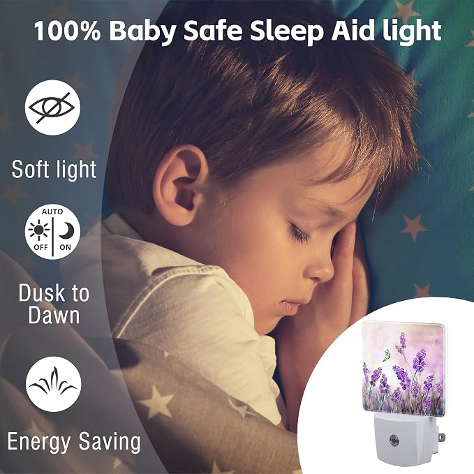 Purple Lavander Flowers Butterfly Night Light Plug into Wall,Watercolor Lavander Floral Dusk to Dawn Night Light,0.5w Energy Saving Sleep Friendly Nightlights for Kids Boys Girls Home