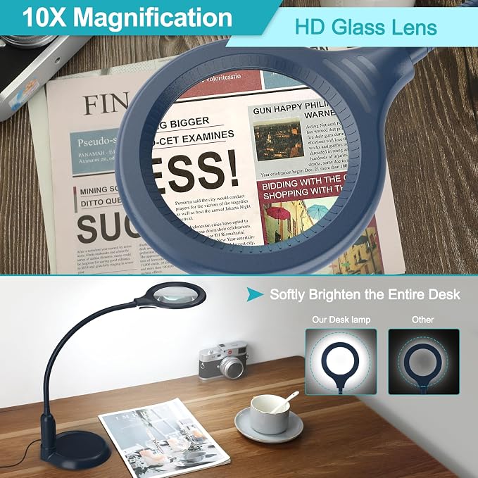 10X Magnifying Glass with Light and Clamp, 5 Color Modes Stepless Dimmable Lighted Magnifier with Stand, Flexible Gooseneck LED Desk Lamp Hands Free for Craft Painting Hobby Close Work - Blue