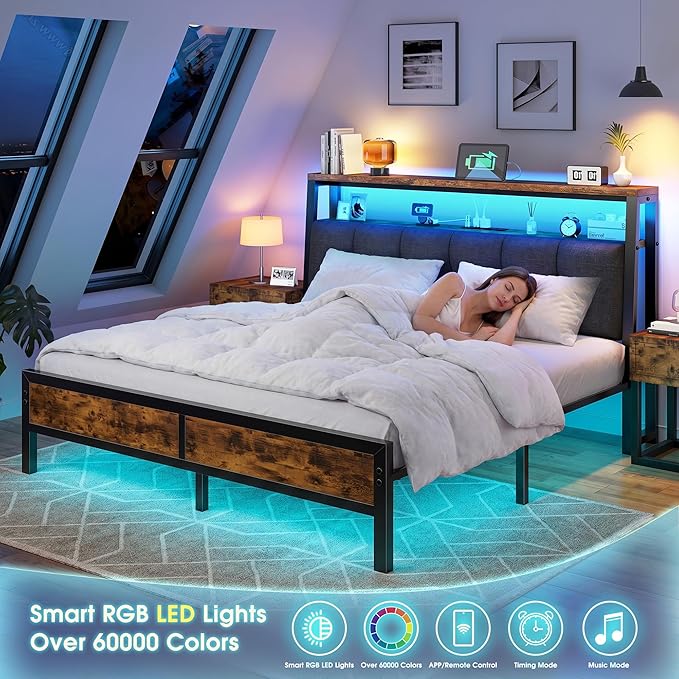 Homkdom Queen Bed Frame with Storage Headboard & Charging Station | Linen Upholstery, 2-Tier Shelf, 2 AC Outlets, Type-C, RGB LED Remote, 12in Underbed Clearance, 1000 lbs, No Box Spring, Brown