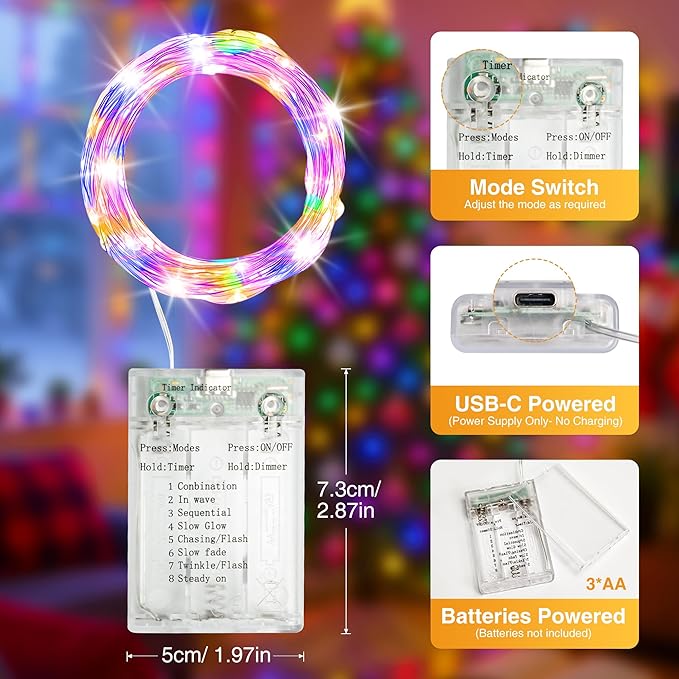 2 Pack 16FT 50 LED Fairy Lights Battery Operated with Timer, 8 Modes USB Mini Twinkle Light, Small String Lights for Tree Wreath Vase Bedroom Holiday Wedding Party Decorations-Multi-Colored