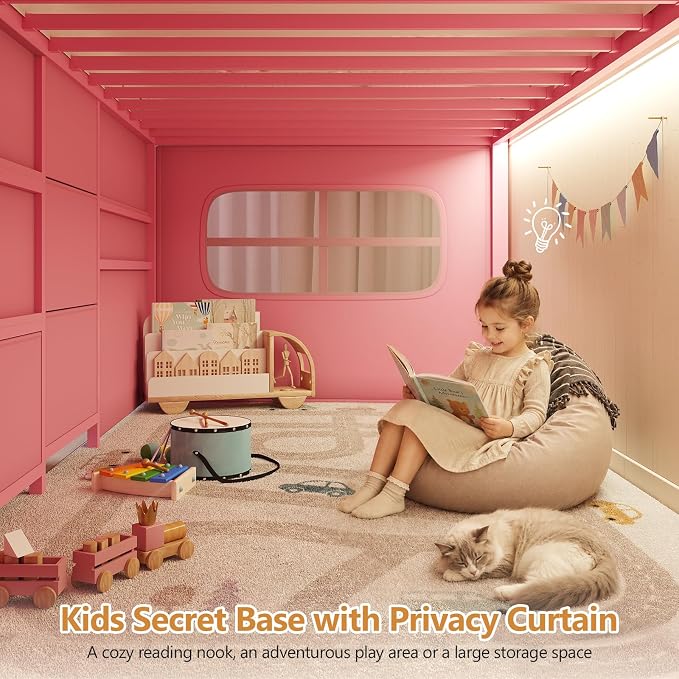 DICTAC Low Loft Bed with Desk and 6 Storage Drawers Twin Loft Bed with Bookshelf,LED Lights & Under-Bed Play Space,Twin Beds for Girls with 13.8''H Safety Guardrail,Inclined Ladder & Play Curtain,Pink