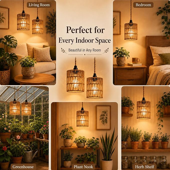 2 Pack Hanging Grow Lights for Indoor Plants Boho Rattan Plant Light | 15FT Power Cord with Timer, 15W Full Spectrum Pendant Plant Lights for Indoor Growing Greenhouse Flowers Home Decor
