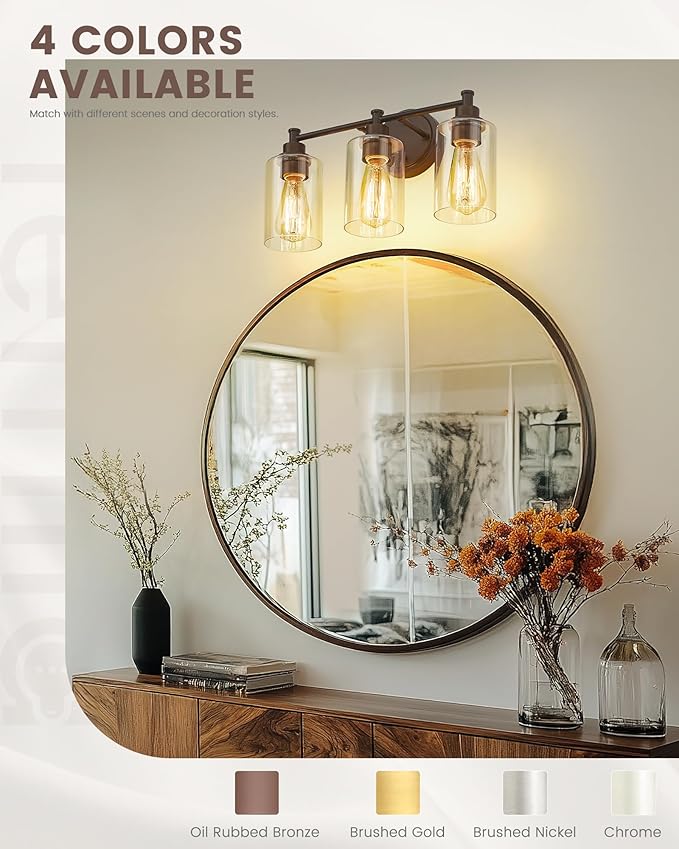 FEMILA 3-Light Vanity Light,Farmhouse Bathroom Light Fixtures,Metal Wall Sconce with Clear Glass Shade,Oil Rubbed Bronze Finish,4FYC56B-3W ORB