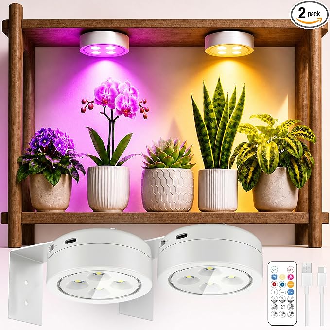 2 Pack Rechargeable Battery Grow Light, Full Spectrum Indoor Plant Light | Cordless, Timer & Remote, Stepless Dimming, Type-C Charging 2000mAh, Wireless Magnetic Puck Plant Lights for Indoor Growing