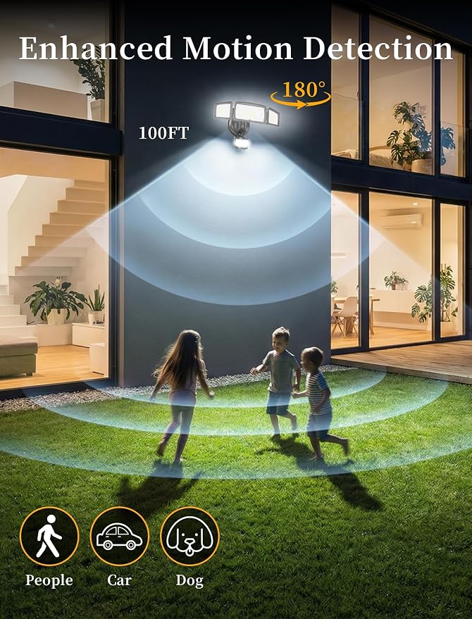 100W 11000LM Security Lights Outdoor with Remote Control, 6500K Daylight LED Flood Light, IP66 Waterproof, Dusk to Dawn, 3 Head Motion Detected for Garage, Yard