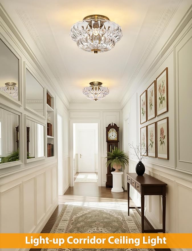 Semi Flush Mount Ceiling Light,11IN 3-Bulb Clear Glass | Vintage Gold Hallway Lights Fixture, Globe Close to Ceiling Light for Bathroom, Hallway, Dining Room,Bulb Not Included