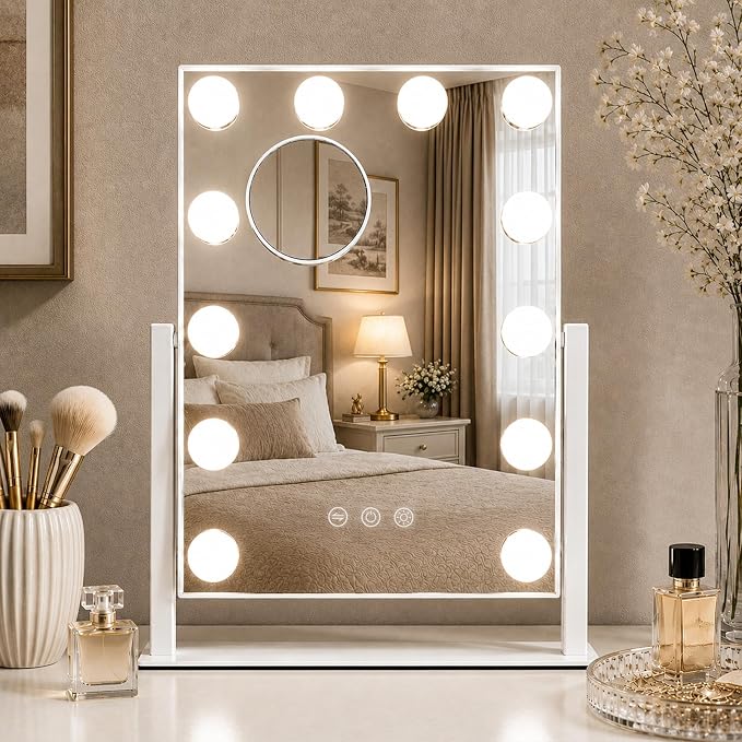 Makeup Mirror with Lights, 10X Magnification, 16.5x13.1in | 3 color modes & dimmable brightness, memory function, perfect for vanity & bedroom, gift for women