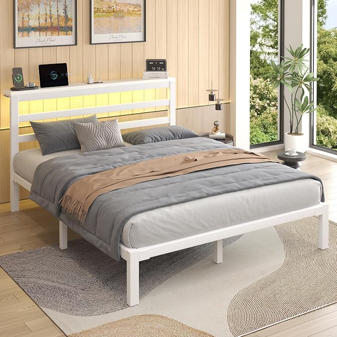 LOEWAY Full Size Metal Bed Frame with Storage Headboard & LED Lights, White | Built-In Charging Station, Under-Bed Storage, Heavy Duty Metal Slats, No Box Spring Needed, Solid and Stable, Easy Assembly