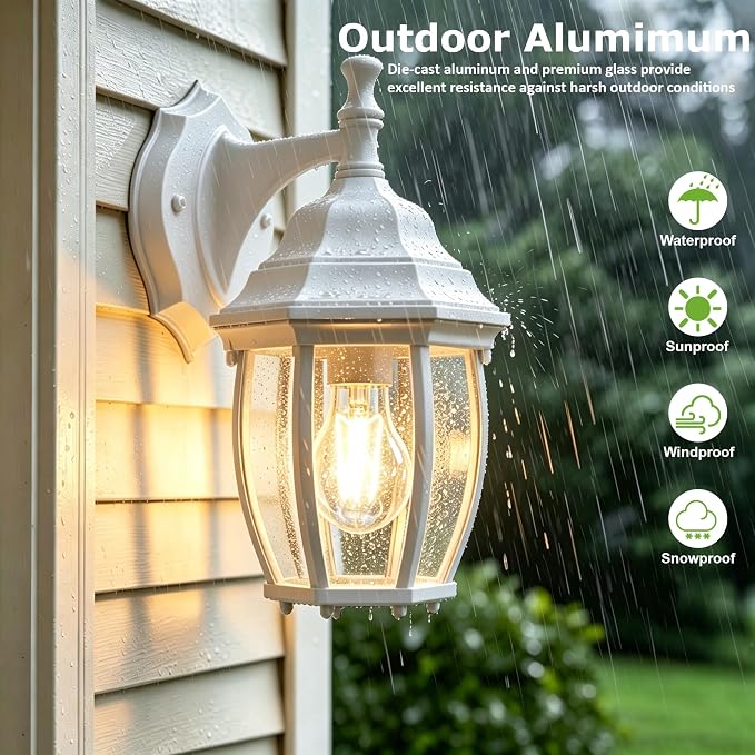 Outdoor Wall Light Fixture, Rustproof Aluminum, Glass | Large Exterior Porch Light Wall Sconce Lantern for House, Patio, Garage, Waterproof, E26 Socket 60W Max, White