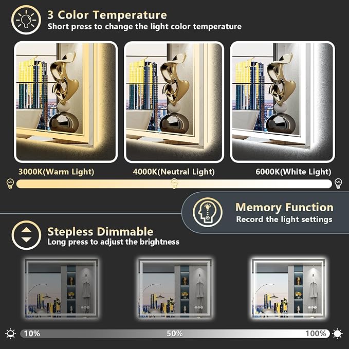 40x24 LED Bathroom Mirror, Backlit & Front Lit Lighted Mirror | Anti-Fog Vanity Mirror with Lights, 3 Color Dimmable, Memory, HD Tempered Glass, CRI95, IP54, UL Listed, Horizontal/Vertical