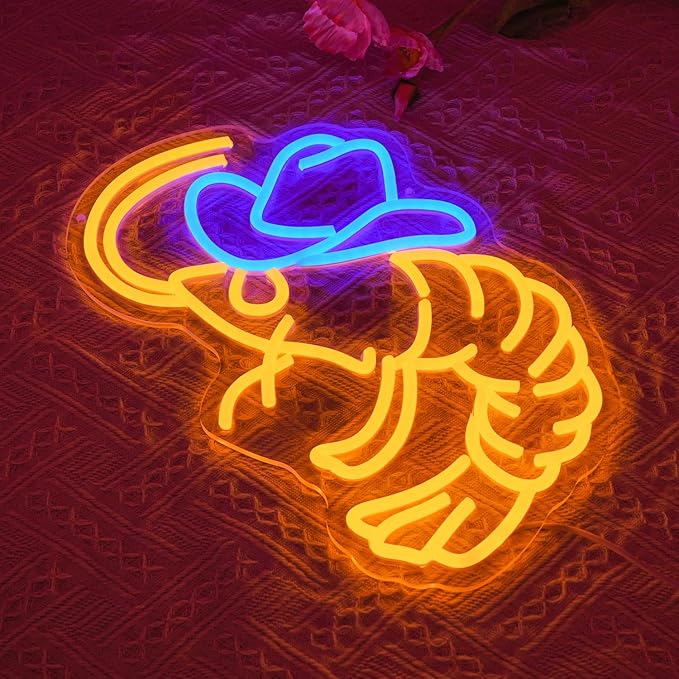 Cowboy Shrimp Neon Sign for Wall Decor, USB Powered Shrimp Neon Light Wall Art, Seafood LED Light Up Sign for Seafood Restaurants, Pub, Store, Man Cave