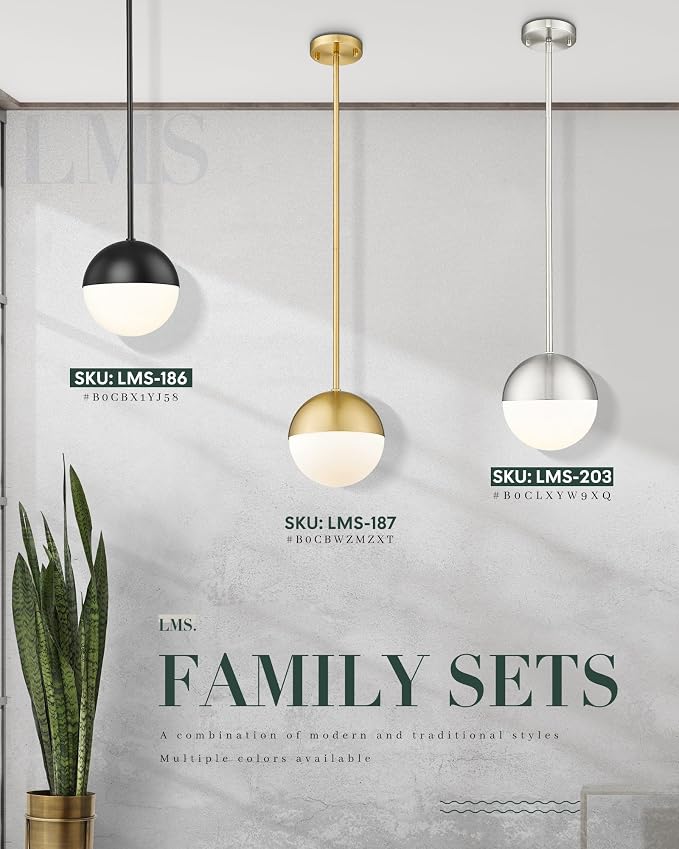 2 Pack Mid Century Pendant Lights, Matte Black Kitchen Island Light Fixtures with White Globe Glass Shade, Adjustable Hanging Rod Ceiling Light for Home Office Dining Room Bathroom, LMS-186BK2PK