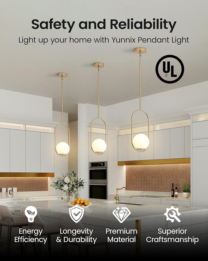Yunnix Pendant Lights Kitchen Island, Pendant Light Fixtures, Modern Brushed Gold Globe Glass Pendant Lighting, Brass Mid Century Chandelier One Light for Bathroom Bedroom Dining Room