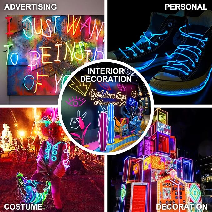 EL Wire 5 Pack-9.8ft Portable Neon Rope Lights Strip-Wearable Battery Pack Body Lights-360°Illumination-Super Bright-Cuttable-DIY Halloween Christmas Party Bar Cosplay Costume