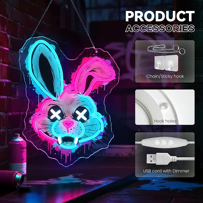 Bunny Neon Sign, Rabbit Neon Signs for Wall Decor, Dimmable Acrylic Neon Lights for Room Bedroom Game Room Club Bar Party Decorations, Perfect Gifts