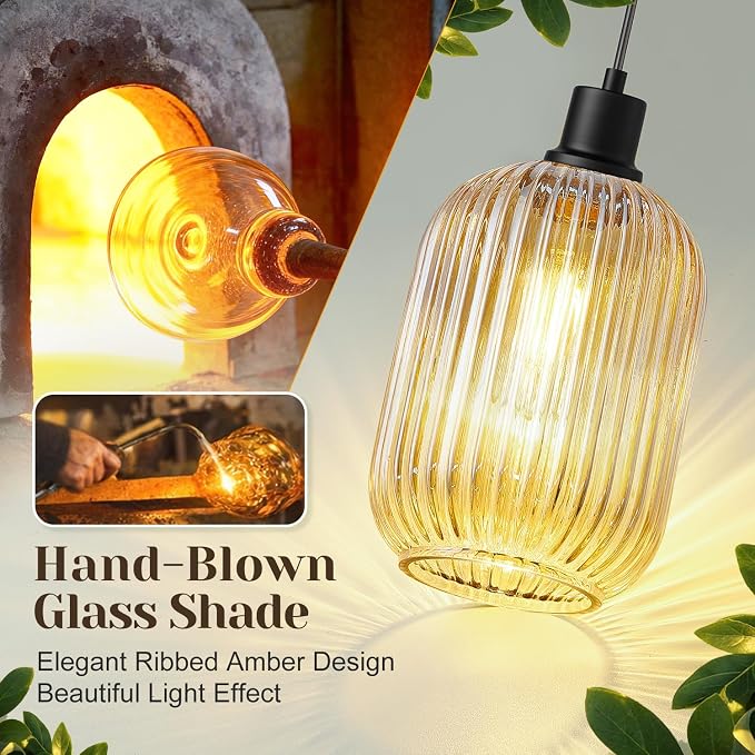 2 Pack Pendant Lights with Vintage Amber Ribbed Glass Lampshade, Adjustable Matte Black Pendant Lights Fixtures for Kitchen Island Lighting Sink, Dining & Living Room Hallway (Bulbs Not Included)