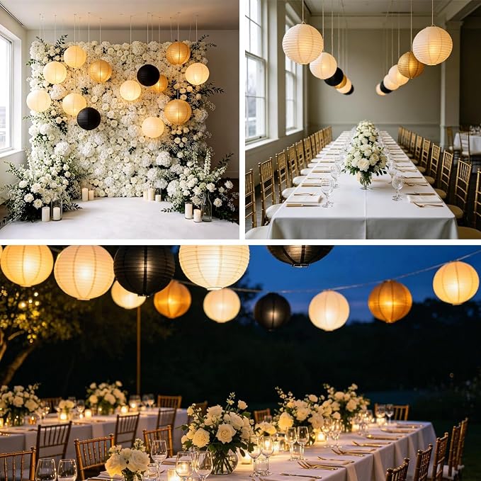 Cream Black Gold Chinese Paper Lanterns with LED, 10-Pack 10inch | Hanging Lights for Engagement Party, Modern Wedding, Anniversary, Birthday Decorations & Art Deco Party