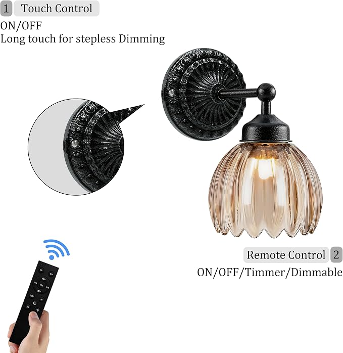 Battery Operated Wall Sconce, Vintage Wall Light, 2 Pack, Amber Tulip Glass | Black Metal Base, 5200mAh Rechargeable, Dimmable LED, Remote Control, Cordless, Bedside, Bedroom, Doorway, Living Room