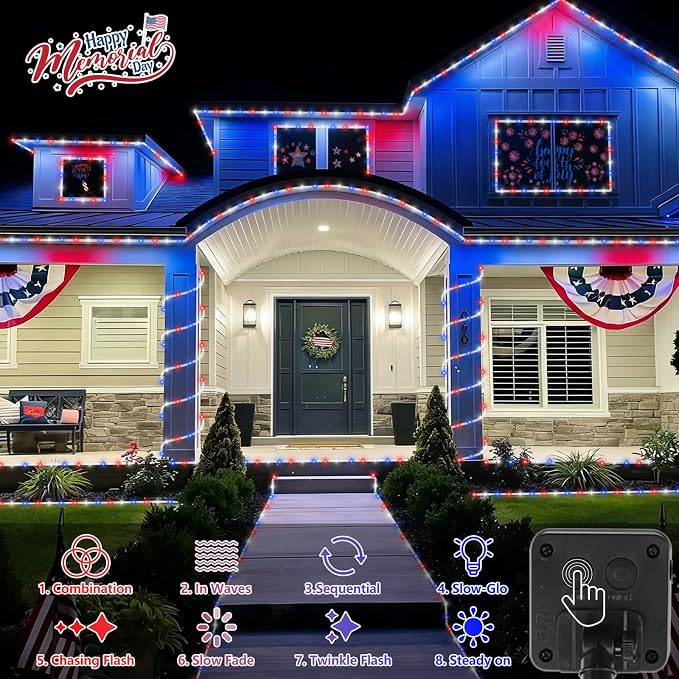 QITONG Red White Blue Solar Rope Lights, 66ft 200 LED 4th of July String Lights, 8 Modes Fairy Lights in Clear Thin Tube for Patriotic Independence Memorial Day Decor