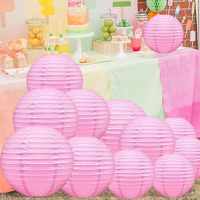 Pink Paper Lanterns Celehappy Hanging Round Paper Lanterns Decorative 6" 8” 10” Chinese Lanterns for Birthday Wedding Party Decoration Baby Showers Valentine Indoor Outdoor 12pcs
