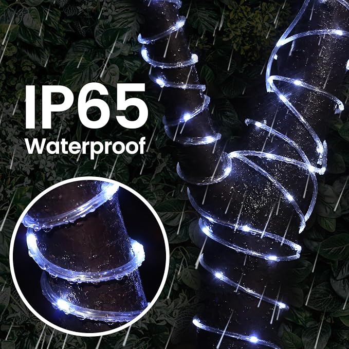 200 LED Solar Rope Lights Outdoor, 66FT Solar String Lights Indoor Waterproof Solar Powered Trampoline Light Clear Tube Pool Light for Camping Fence Yard Walkway Path Garden Outside Decor（White
