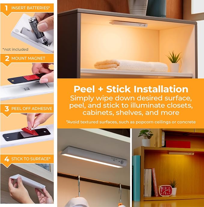 PureOptics LED Battery Operated Under Cabinet Lighting, Motion Sensor On/Off, Warm White LED, Stick-On Install for Kitchen & Closets - 2 Bars