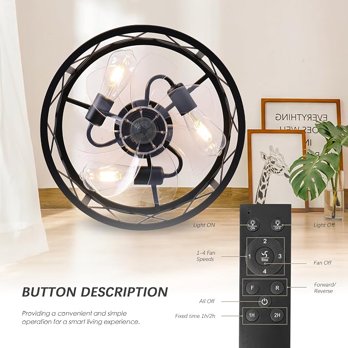 REDSTAR 15" Caged Ceiling Fans with Lights and Remote Flush Mount, Black Round Industrial Ceiling Fan Light Fixture, Small Bladeless Ceiling Fan for Bedroom, Kitchen, Indoor