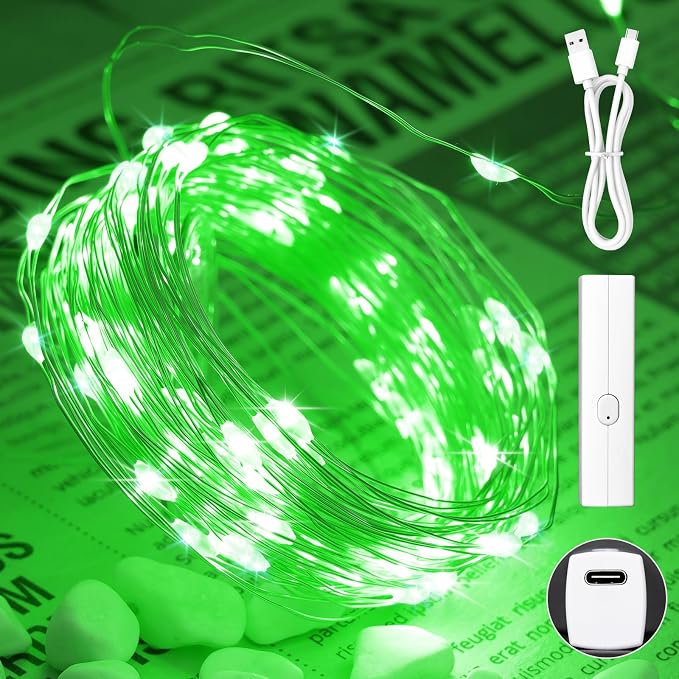16FT(5M) Green Copper Wire Fairy Lights, Rechargeable Battery Operated String Lights with Timer & 8 Modes, Waterproof Twinkle Lights for St. Patrick's Day Bedroom Christmas Party Wedding Decor