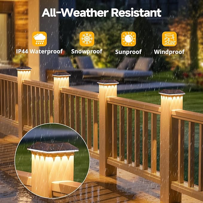 16 Pack 4x4 Solar Post Light, 3 Mode Wooden Vinyl Fence Cap, Brown | 3 color temperatures, Waterproof LED Solar Post Lights, Patio Porch Decor, Only Fit Two True Size Post: 3.5''x3.5'', 4''x4''