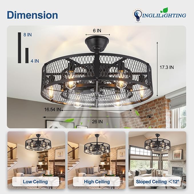DLLT Caged Ceiling Fan with Lights: 26" Bladeless Fandelier Ceiling Fans with Light and Remote - Black Industrial Chandelier Enclosed Fan Light for Bedroon Living Dining Room Kitchen
