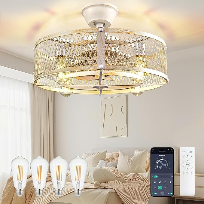 DLLT Caged Ceiling Fans with Lights: 20" Farmhouse Fandelier Ceiling Fan with Light and Remote Smart APP - Cement Industrial Chandelier Fan Light Rustic Fans for Bedroom Living Dining Room Kitchen