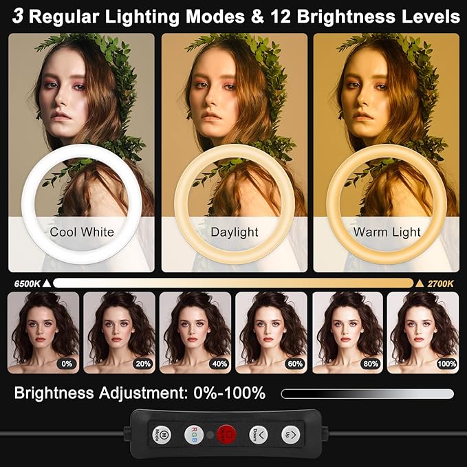 10" Selfie Ring Light with 73" Tripod Stand & 1 Phone Holder, LED Camera Ringlight with 48 RGB Colors Modes & Musical Rhythm Mode and 12 Brightness Dimmable for TikTok/Makeup/Photography/Vlog