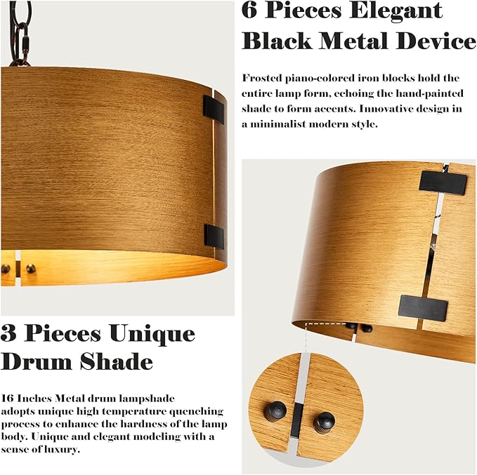 16" Drum Chandelier for Dining Room, E26 Modern Farmhouse Chandelier, 3-Light Golden Bronze Finish Vintage Chandelier Light Fixtures for Kitchen Foyer Entryway Bedroom
