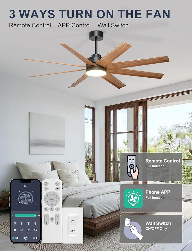 Ohniyou 60" Modern Farmhouse Ceiling Fan with Light for Patio, Living Room | Remote/App Control, Quiet DC Motor, 3CCT Dimming, Covered Outdoor Fan with 8 ABS Blades, Black and Wood Color
