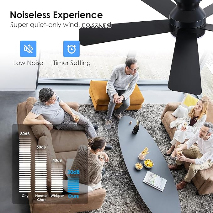 46 inch Ceiling Fans with Lights, Black Flush Mount Ceiling Fan with Remote, 3CCT, LED Dimmable, Reversible, 6 Fan Speeds, Quite Low Profile Ceiling Fan with Lights Modern Bedroom Kitchen Indoor