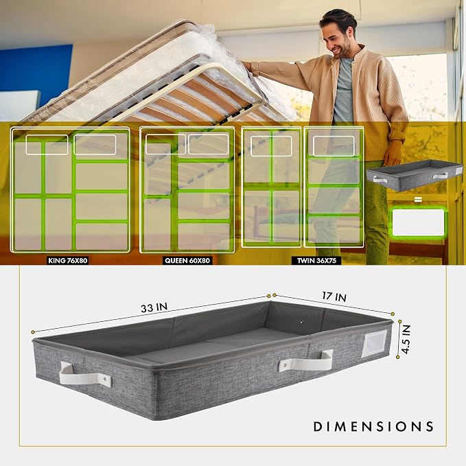 Under Bed Storage, Low Profile 2pc with Lid, Light Gray | Slim fit for low-clearance beds & couches, Fits seasonal clothes, blankets & shoes, Bins with lids, Space-saving storage