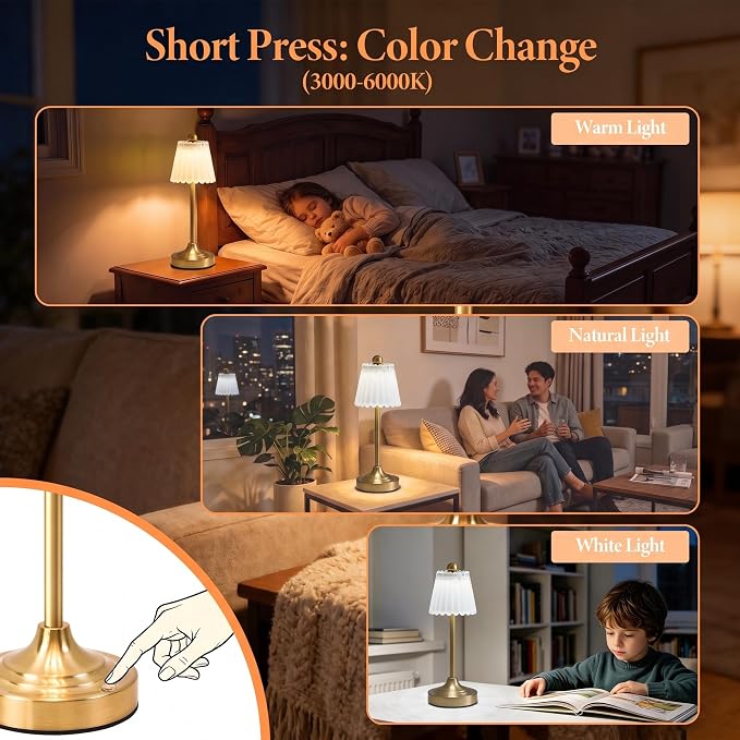 Small Vintage Cordless Table Lamp (White, 2 Pack) | 3-Color Dimmable Touch Control Small Desk Lamp for Bedroom,Office,Kitchen,Nightstand,Living Room,Home Decor
