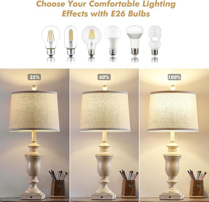 SAIWEYA 27.5" Set of 2 Farmhouse Table Lamps for Bedroom, 3 Way Dimmable Bedside Lamp with 2 USB +AC Outlet Nightstand Lamps for Living Room Resin Rustic Touch Lamps