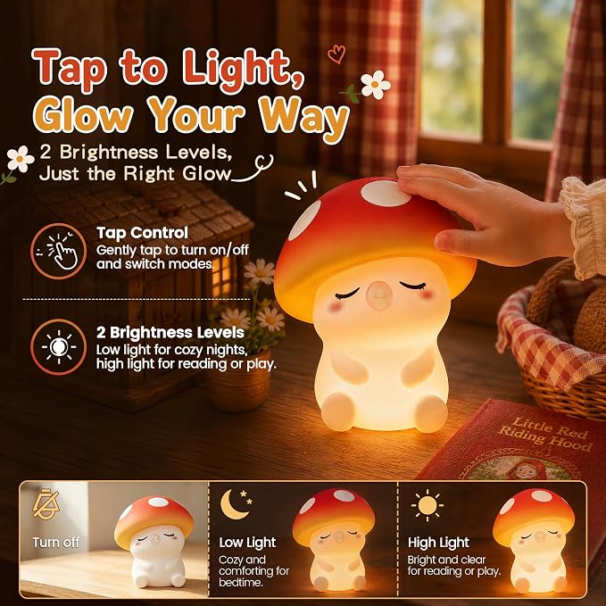 FAMIDUO Mushroom Night Light, Squishy Silicone Touch Bedside Nursery Lamp | Warm Glow, Safe BPA-free Silicone, 20-min Auto Sleep Timer, 2 Brightness,Kids Room Decor, Baby Shower Gifts for Girls Toddler